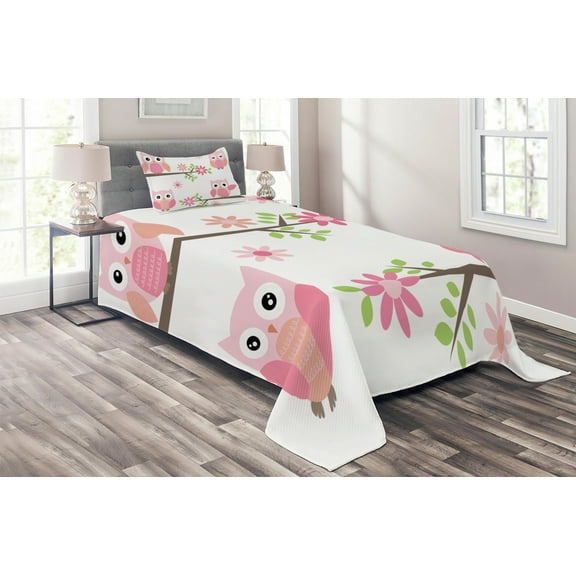 Ambesonne Owl Quilted Coverlet 2 Pcs, Spring Floral Owls, Twin Size, White Green Pink