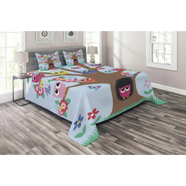 Ambesonne Owl Quilted Coverlet 3 Pcs, Birds and Butterflies, Queen Size, Multicolor