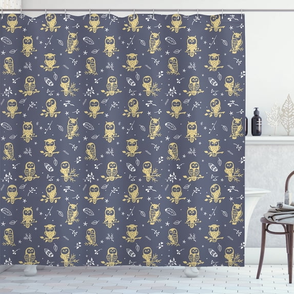 Ambesonne Owl Shower Curtain, Birds on Branches Mysterious, 69"Wx70"L, Purpleblue Khaki