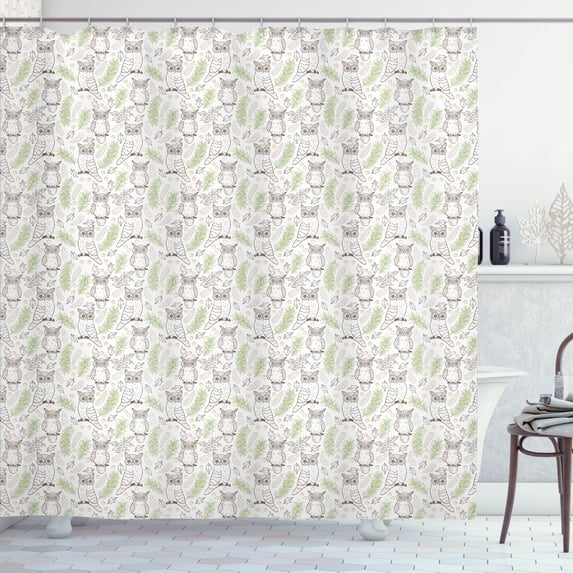 Ambesonne Owl Shower Curtain, Night Birds Leaves Plain Back, 69"Wx84"L, Pistachio Green and Cocoa
