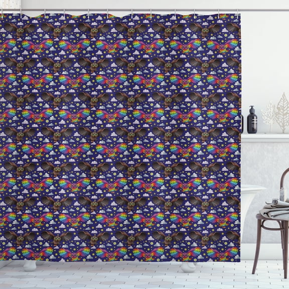 Ambesonne Owl Shower Curtain, Rainbow Colored Night Birds, 69"Wx70"L, Navy Blue Warm Taupe