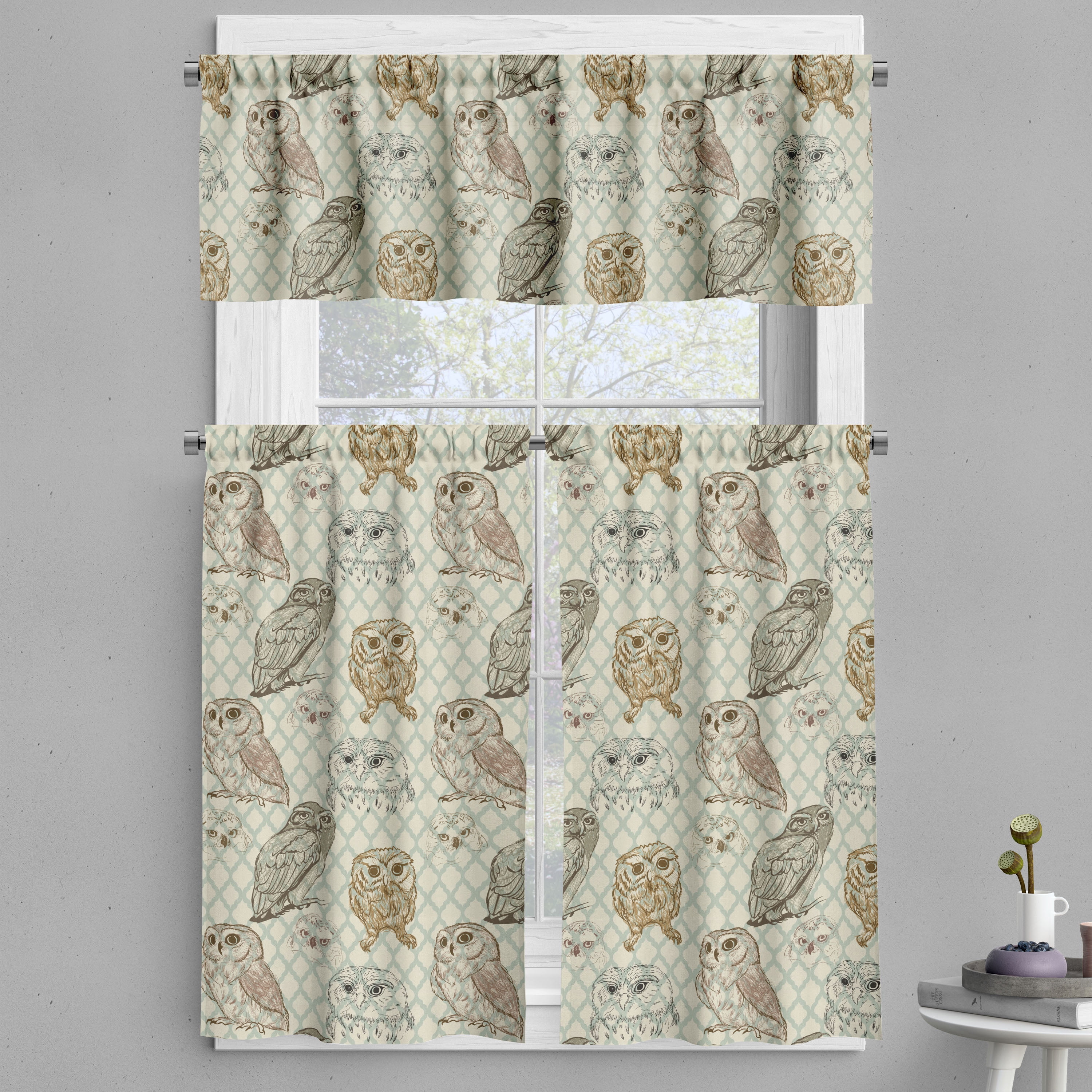 Ambesonne Owl Valance & Curtain, Sketch Cat Looking Birds, 55"x24