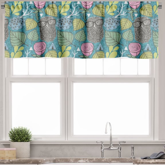 Ambesonne Owl Valance Pack of 2, Hipster Animal Wise Bird, 54"X12", Dark Seafoam Multicolor