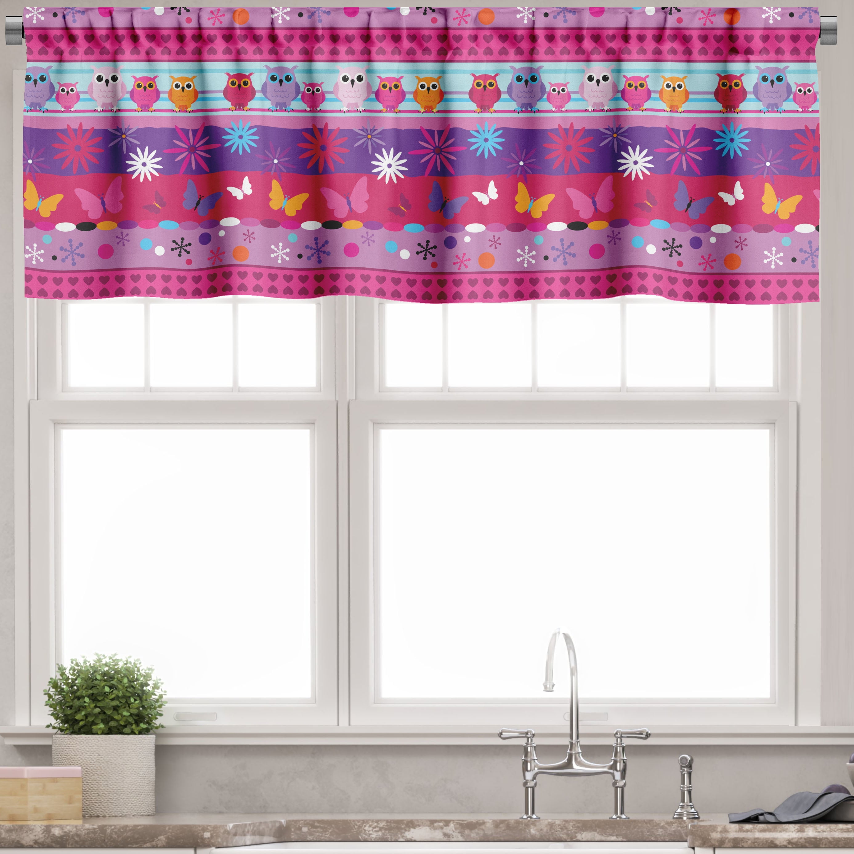 Ambesonne Owl Window Valance, Cartoon Owls and Flowers, 54" X 12