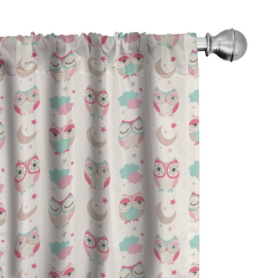 Ambesonne Owls Window Curtains, Birds Stars Moon Pastel, Each 28" W x 63" L, Almond Green Pink Tan