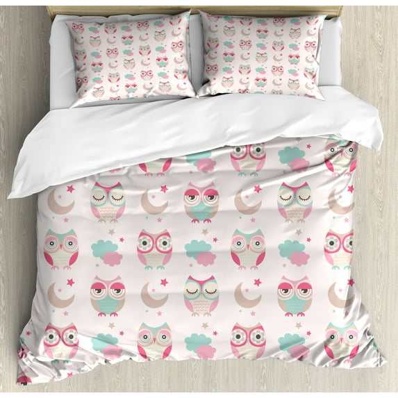 Ambesonne Owls Duvet Cover Set, Birds Stars Moon Pastel, 2-Calking, Almond Green Pink Tan