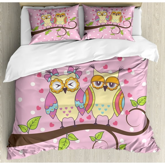Ambesonne Owls Duvet Cover Set, Birds in Love on Branch, 2-Calking, Pale Yellow Apple Green