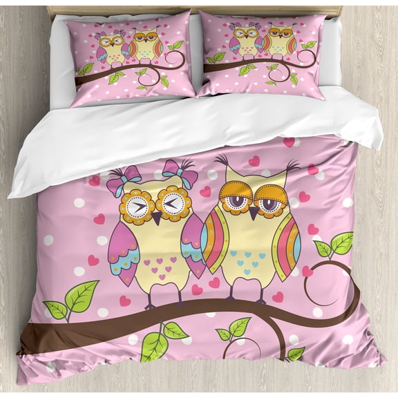 Ambesonne Owls Duvet Cover Set, Birds in Love on Branch, King, Pale Yellow Apple Green