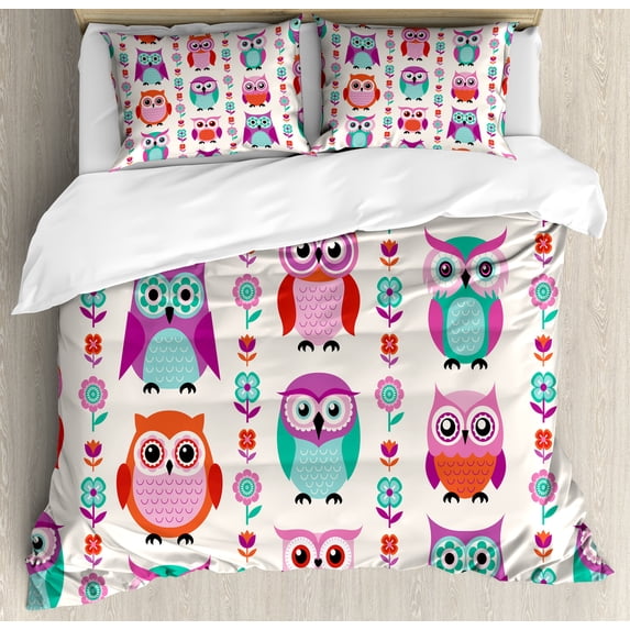 Ambesonne Owls Duvet Cover Sets, Flowers Vibrant Spring, 2-King, Orange Fuchsia Seafoam