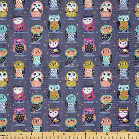 Ambesonne Owls Fabric by the Yard Microfiber, Cartoon Hooters, 5 Yards, Hot Pink and Seafoam
