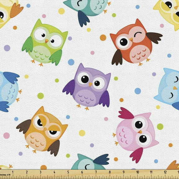 Ambesonne Owls Fabric by the Yard Upholstery, Characters and Dots, 1 Yard, Multicolor