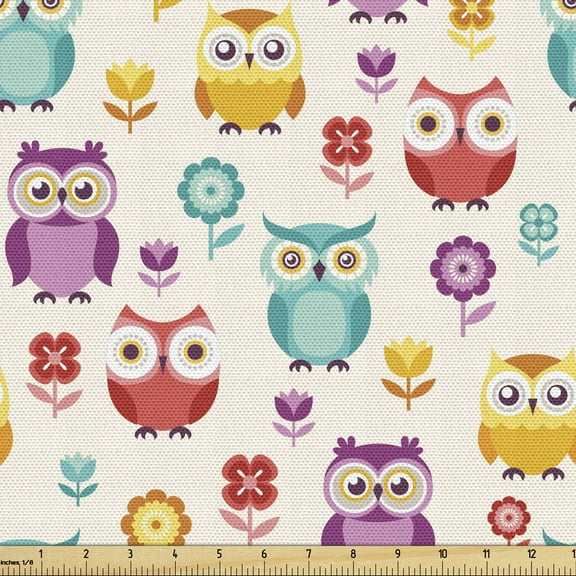 Ambesonne Owls Fabric by the Yard Upholstery, Flowers Nostalgic, 3 Yards, Multicolor