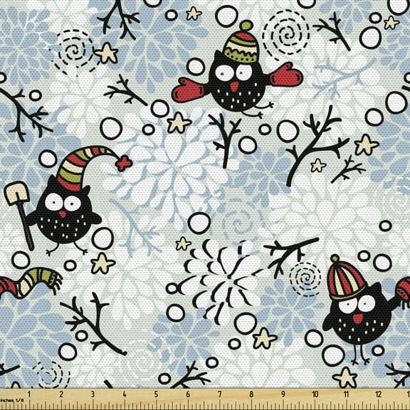 Ambesonne Owls Fabric by the Yard Upholstery, Winter Snow Xmas Doodle, 3 Yards, Multicolor