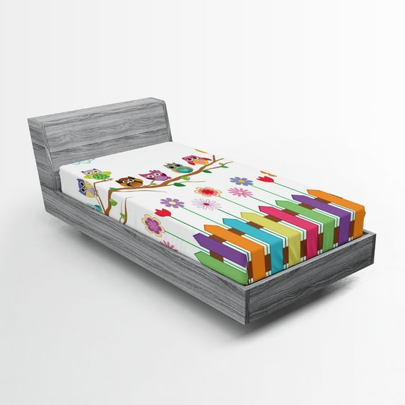 Ambesonne Owls Fitted Sheet 2 Pcs Set, Bird on Branch Sunny Day, Twin XL, Multicolor