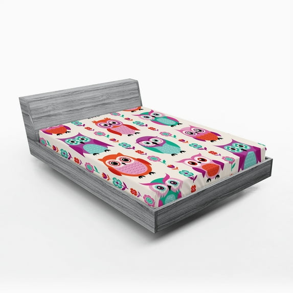 Ambesonne Owls Fitted Sheet 2 Pcs Set, Flowers Vibrant Spring, Queen, Orange Fuchsia Seafoam