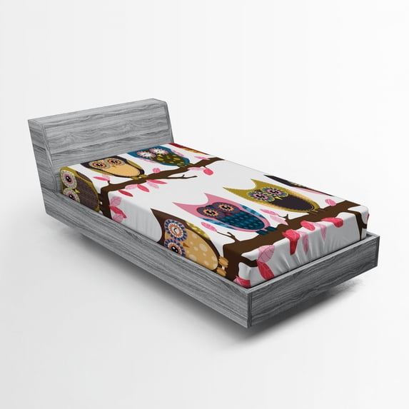 Ambesonne Owls Fitted Sheet, Birds Retro Art Style, Twin XL Size, Multicolor
