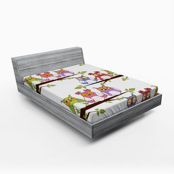 Ambesonne Owls Fitted Sheet, Birds on Tree Branches, Full Size, Multicolor