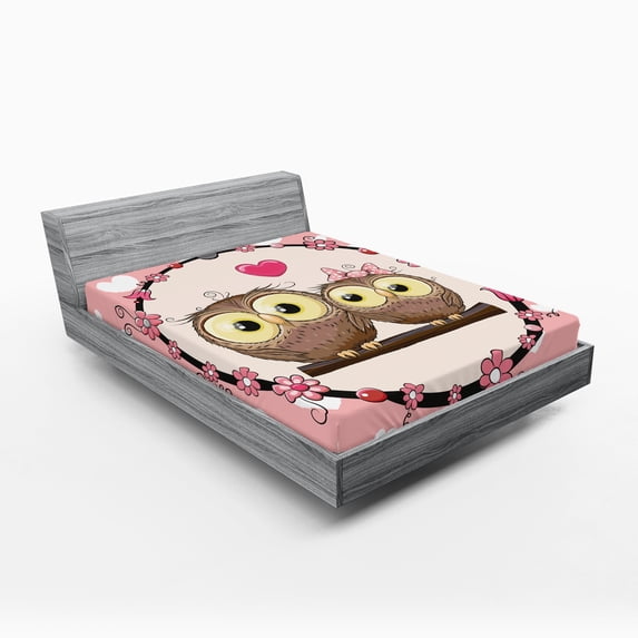Ambesonne Owls Fitted Sheet, Couple on Branch, Queen Size, Coral Brown Pale Yellow
