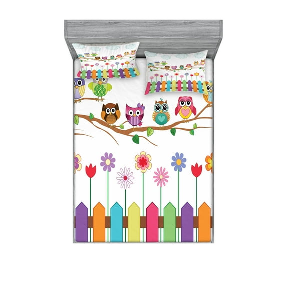 Ambesonne Owls Fitted Sheet & Pillow Sham Set, Bird on Branch Sunny Day, Full, Multicolor