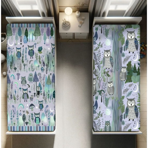 Ambesonne Owls Fitted Sheet Set 2 Pack All-Round Elastic, Cartoon Art of Woodland Birds, California King, Lavender Reseda Green