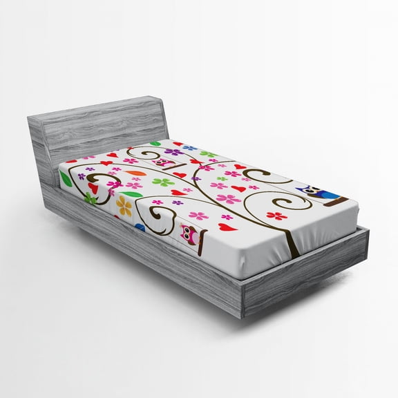 Ambesonne Owls Fitted Sheet, Tree Flowers Playful Birds, Twin Size, Multicolor