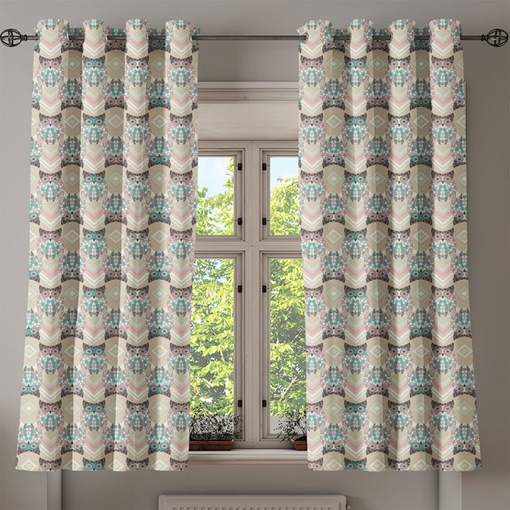 Ambesonne Owls Grommet Curtain, Native Geometric Zigzag, 50" x 63", Tan Turquoise Pale Pink
