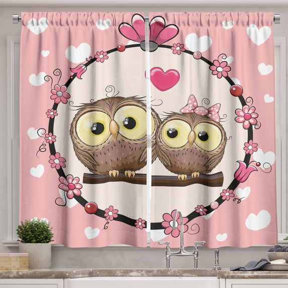 Ambesonne Owls Kitchen Curtains, Couple on Branch, 55"x45", Coral Brown Pale Yellow