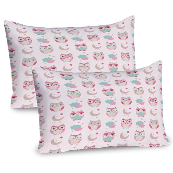 Ambesonne Owls Pillow Sham 2 Pack, Birds Stars Moon Pastel, 26"x20", Almond Green Pink Tan