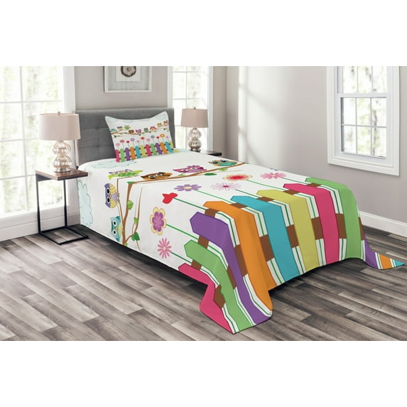 Ambesonne Owls Quilted Bedspread Set 2 Pcs, Bird on Branch Sunny Day, Twin Size, Multicolor