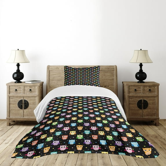 Ambesonne Owls Quilted Bedspread Set 2 Pcs, Funny Confused Serious, Twin Size, Black Multicolor