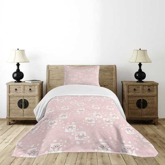 Ambesonne Owls Quilted Bedspread Set 2 Pcs, Pink Owls Birds Floral, Twin Size, Pale Pink White