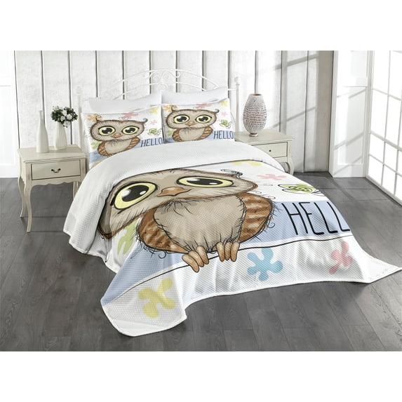 Ambesonne Owls Quilted Bedspread Set 3 Pcs, Cartoon Butterfly Hello, King Size, Multicolor