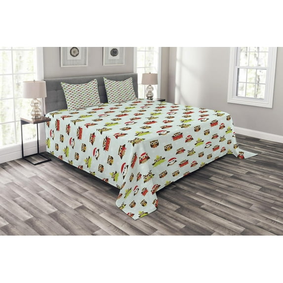Ambesonne Owls Quilted Bedspread Set 3 Pcs, Christmas Time Pine Tree Birds, Queen Size, Multicolor