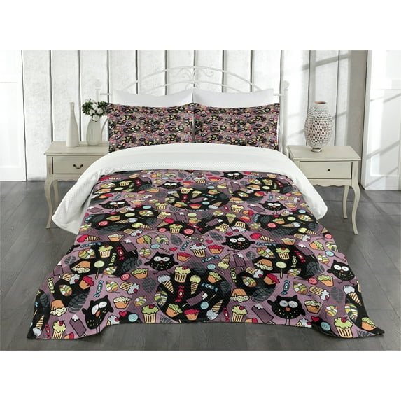 Ambesonne Owls Quilted Bedspread Set 3 Pcs, Crazy Birds Tasty Cupcakes, Queen Size, Multicolor