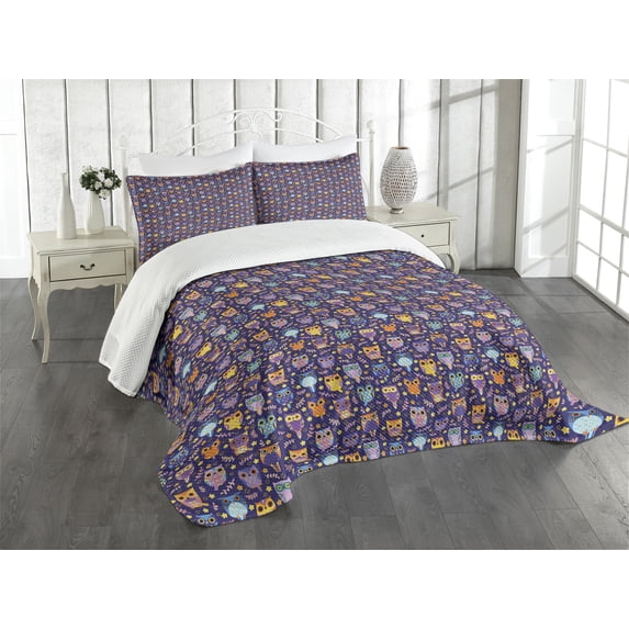 Ambesonne Owls Quilted Bedspread Set 3 Pcs, Leaves Stars Comic, Queen Size, Multicolor