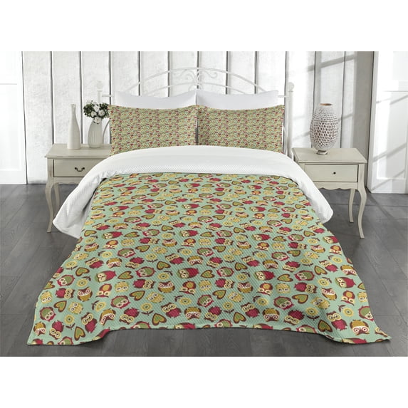 Ambesonne Owls Quilted Bedspread Set 3 Pcs, Ornate Birds, Queen Size, Multicolor