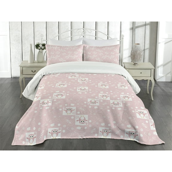 Ambesonne Owls Quilted Bedspread Set 3 Pcs, Pink Owls Birds Floral, King Size, Pale Pink White
