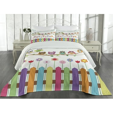 Ambesonne Owls Quilted Coverlet 3 Pcs, Bird on Branch Sunny Day, Queen Size, Multicolor