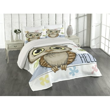 Ambesonne Owls Quilted Coverlet 3 Pcs, Cartoon Butterfly Hello, King Size, Multicolor