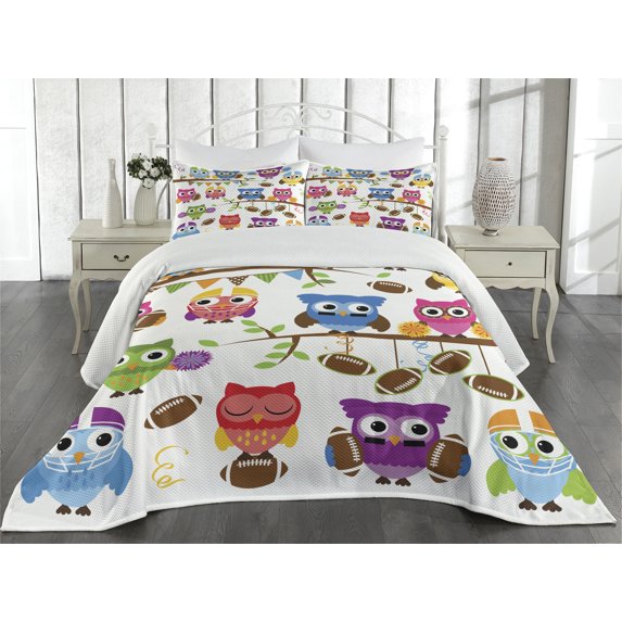 Ambesonne Owls Quilted Coverlet 3 Pcs, Cheerleader League Team, Queen Size, Multicolor