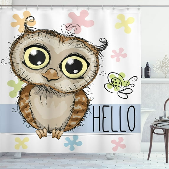 Ambesonne Owls Shower Curtain, Cartoon Butterfly Hello, 69"Wx75"L, Multicolor