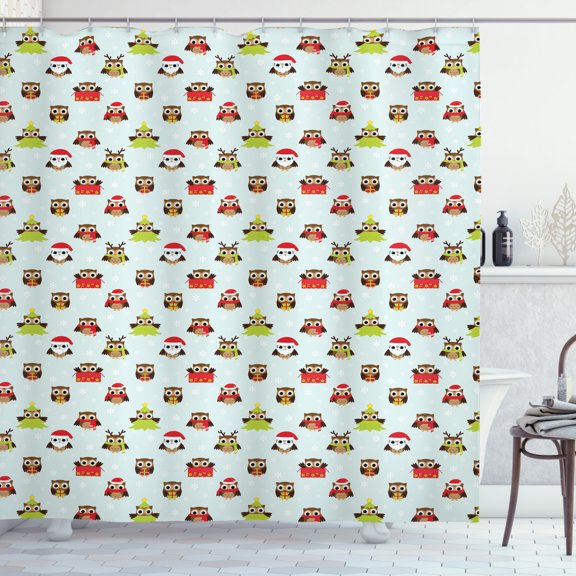 Ambesonne Owls Shower Curtain, Christmas Time Pine Tree Birds, 69"Wx75"L, Multicolor