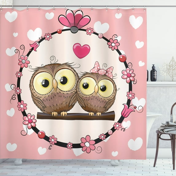 Ambesonne Owls Shower Curtain, Couple on Branch, 69"Wx75"L, Coral Brown Pale Yellow