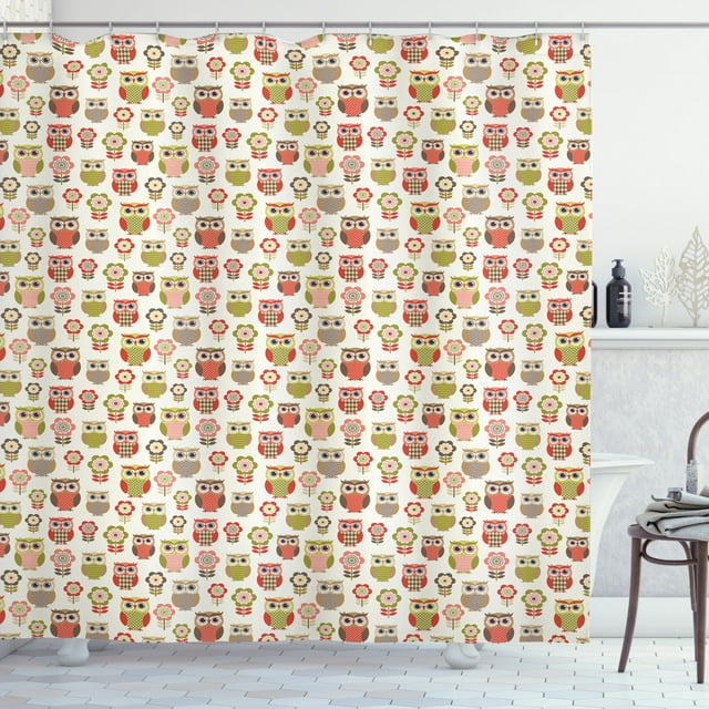 Ambesonne Owls Shower Curtain, Retro Flowers, 69"Wx70"L, Multicolor