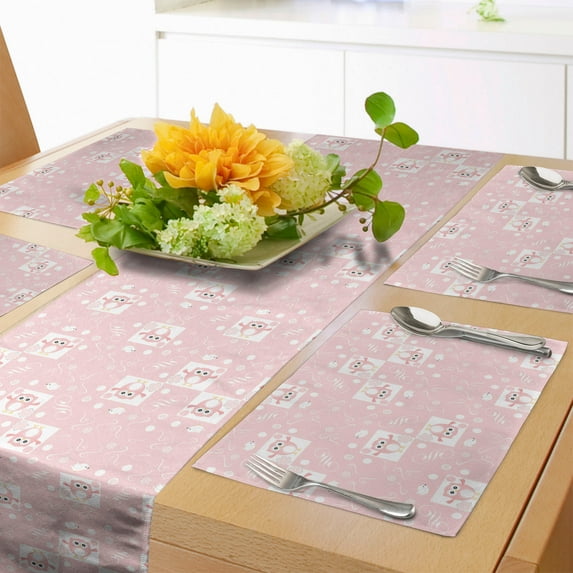 Ambesonne Owls Table Runner & Placemats, Pink Owls Birds Floral, Placemat 4 pcs + Runner 16"x90", Pale Pink White