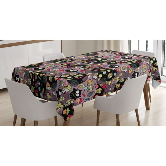 Ambesonne Owls Tablecloth Rectangular Table Cover, Crazy Birds Tasty Cupcakes, 60"x90", Multicolor