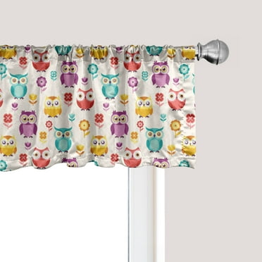 Ambesonne Owls Window Valance, Lilies Popies and Daisies Lively Colored Childish Nostalgic Characters Kids Design, Curtain Valance for Kitchen Bedroom Decor with Rod Pocket, 54" X 12", Multicolor