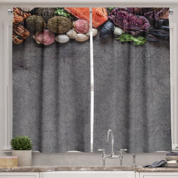 Ambesonne Oyster Kitchen Curtains, Salmon Crabs Mussels Print, 55"x39", Burnt Sienna and Dried Rose