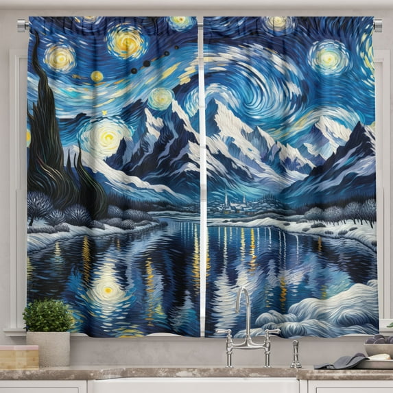 Ambesonne Painting Art Kitchen Curtains, Starry Sky Lake Night, 55"x24", Royal Blue and Yellow