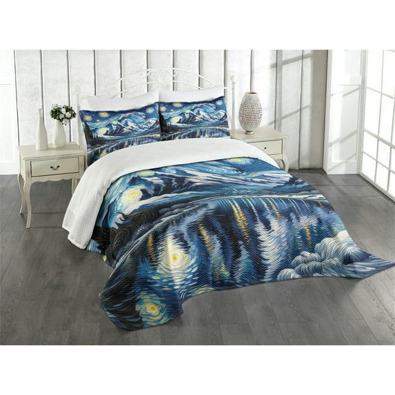 Ambesonne Painting Art Quilted Bedspread Set 3 Pcs, Starry Sky Lake Night, Queen Size, Royal Blue and Yellow